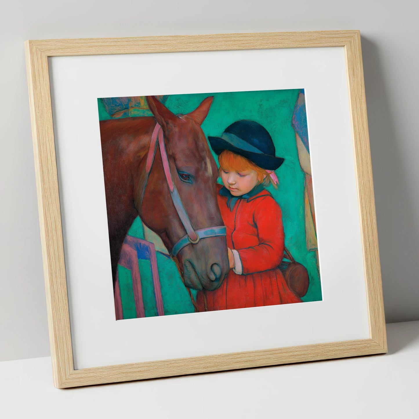 The Gentle Introduction horse & rider art print in natural frame
