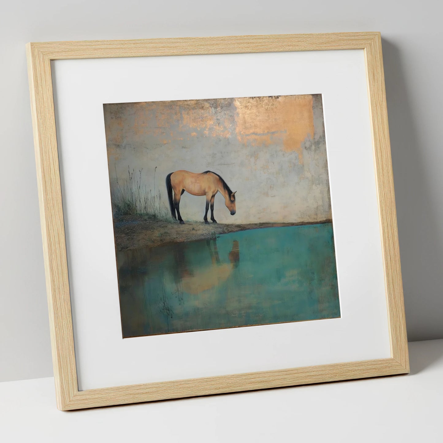 Gilded Reflection horse landscape art print in natural frame