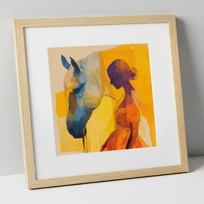 Amber Reverie horse & rider art print in natural frame