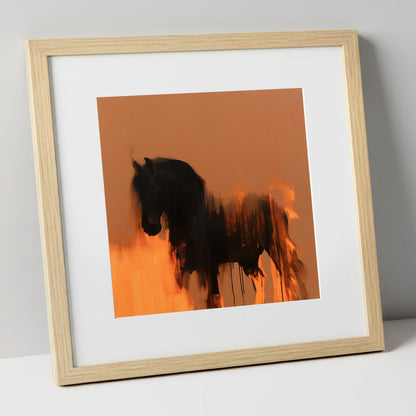 Black Friesian In Burnt Orange horse breed art print in natural frame