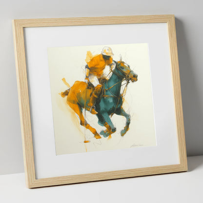 The Decisive Strike polo horse art print in natural frame