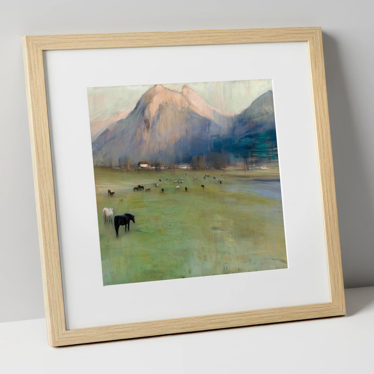 Alpine Grazing horse landscape art print in natural frame