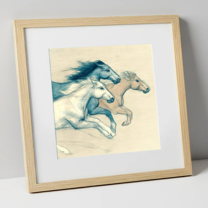 Azure Equine Trio wild horses art print in natural frame