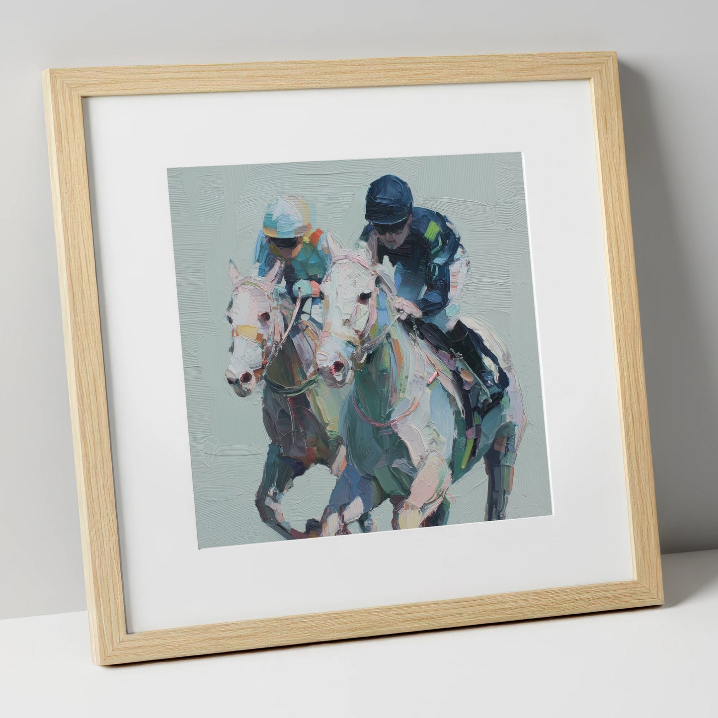 The Final Furlong racing horse art print in natural frame