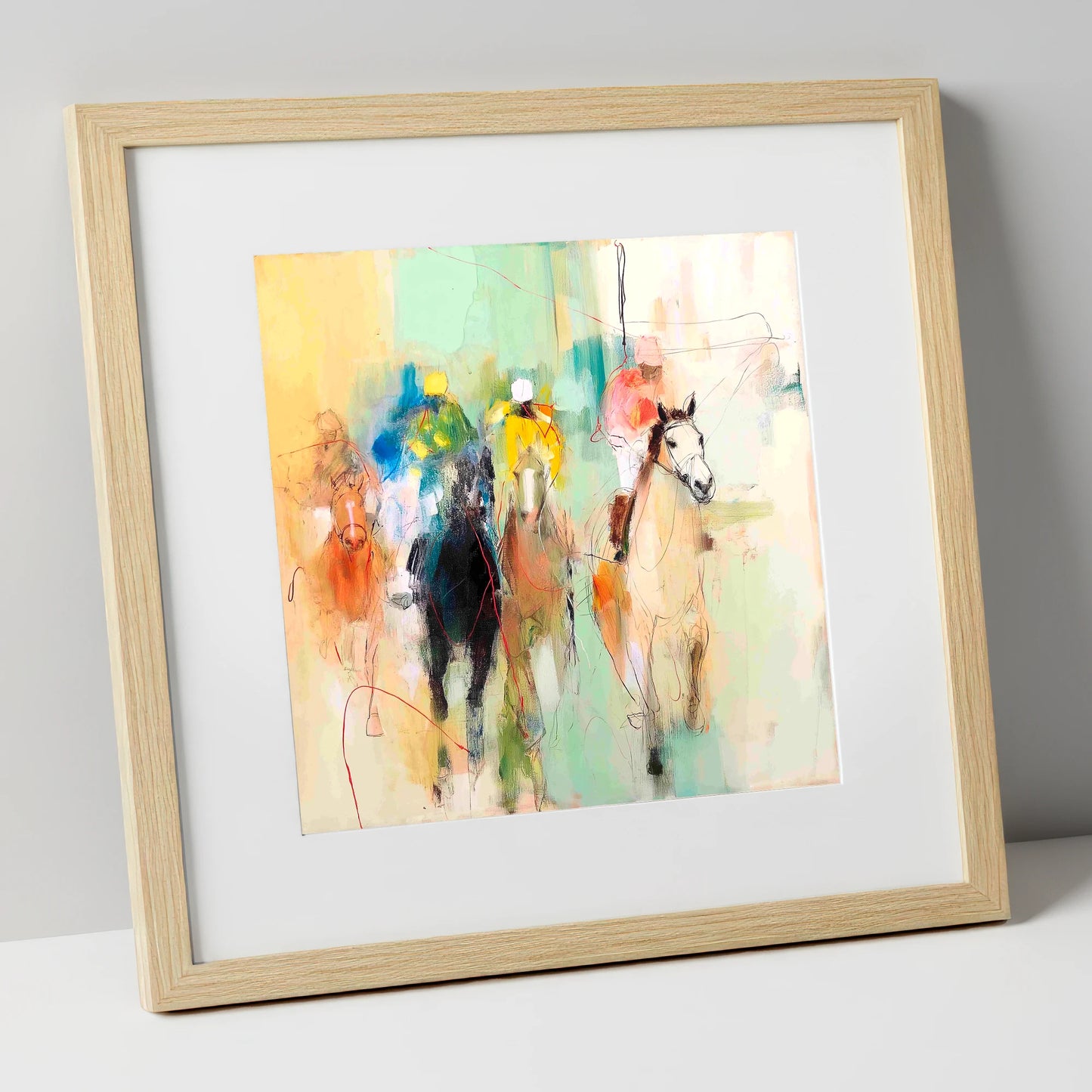 Thundering Silhouettes racing horse art print in natural frame