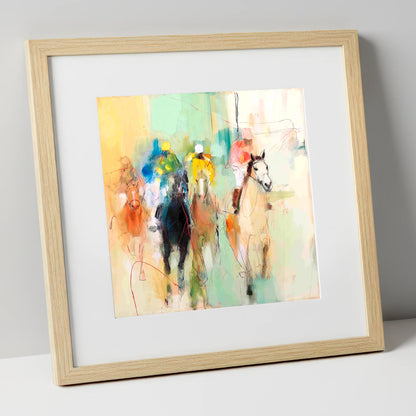Thundering Silhouettes racing horse art print in natural frame