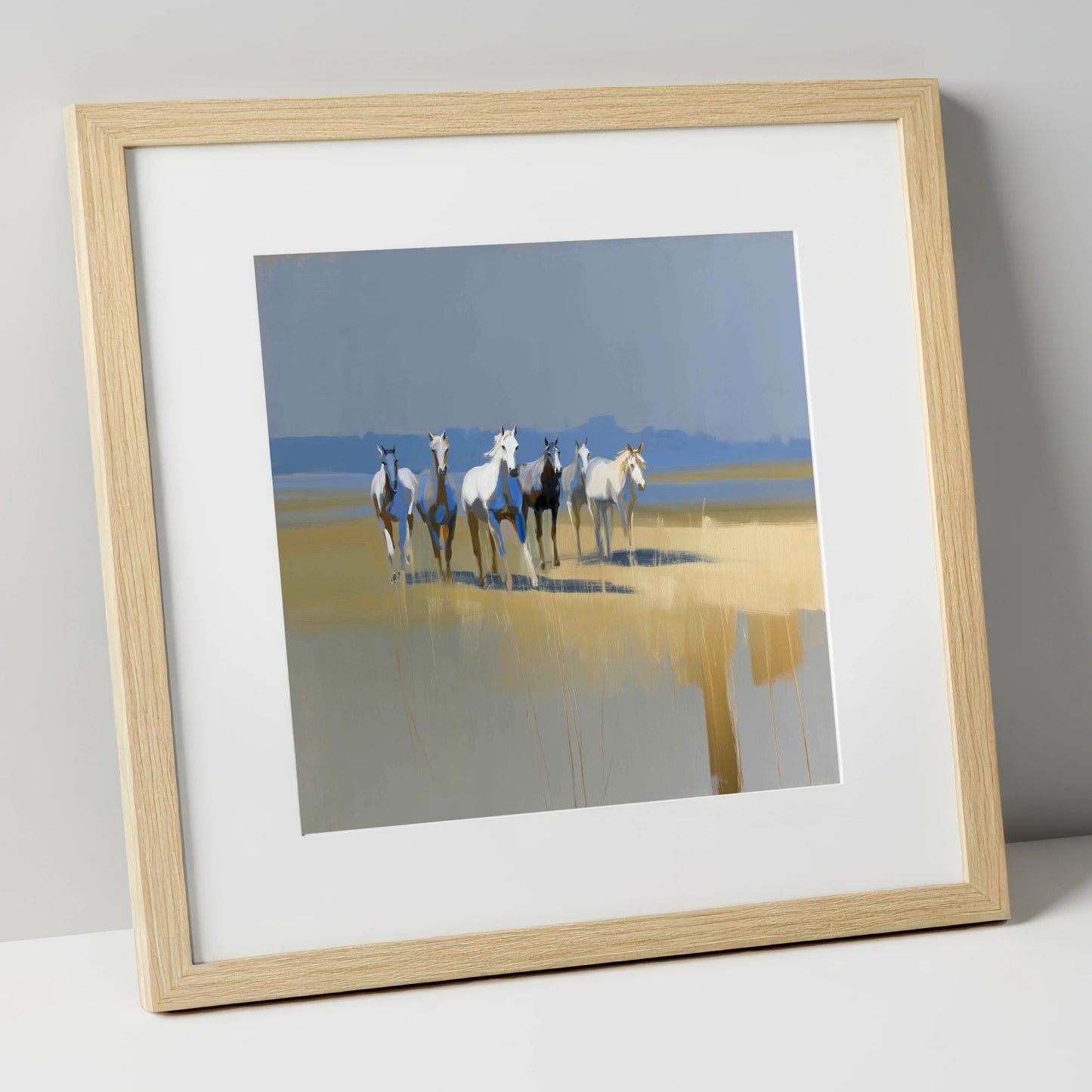 Blue Horizon Herd wild horses art print in natural frame