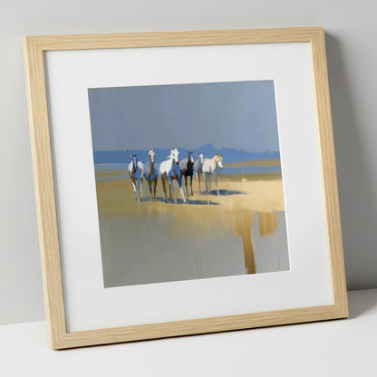 Blue Horizon Herd wild horses art print in natural frame