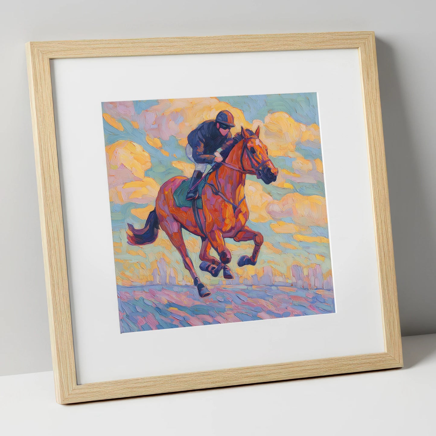 Technicolour Gallop racing horse art print in natural frame