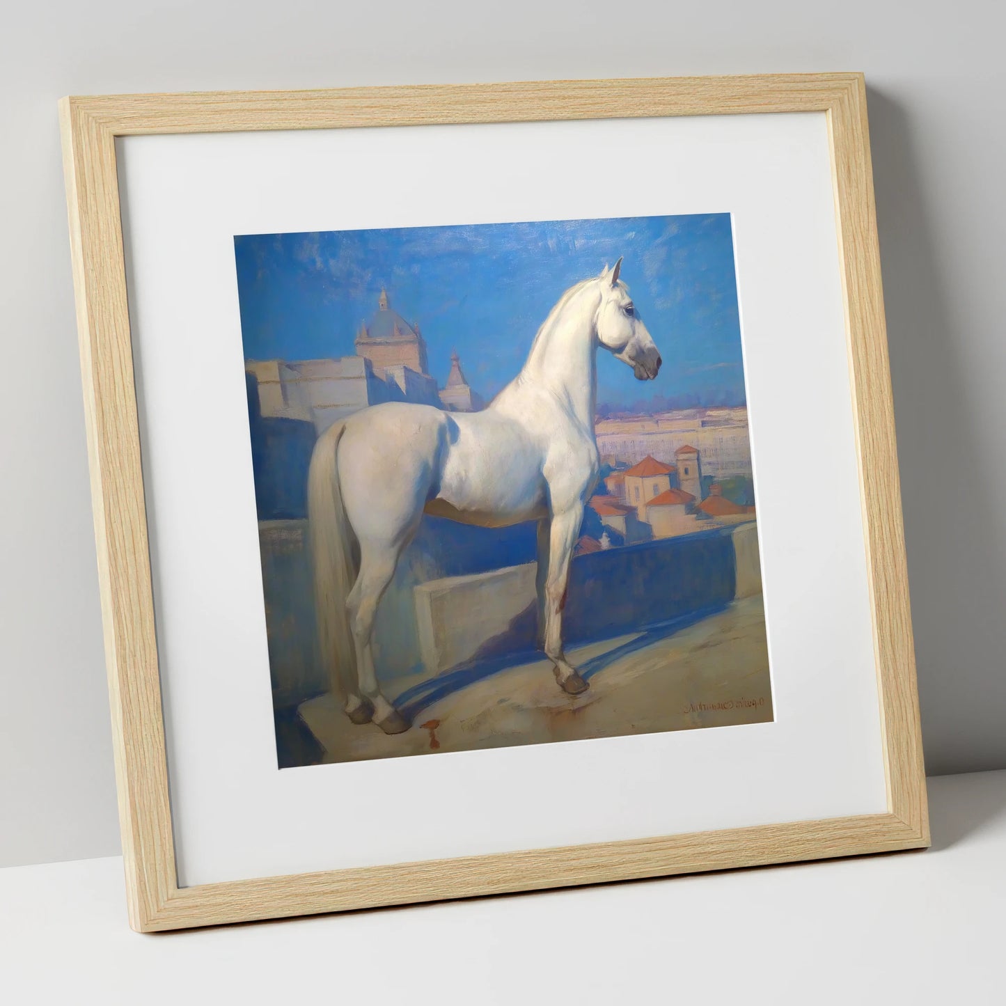 The Classical Grey horse breed art print in natural frame