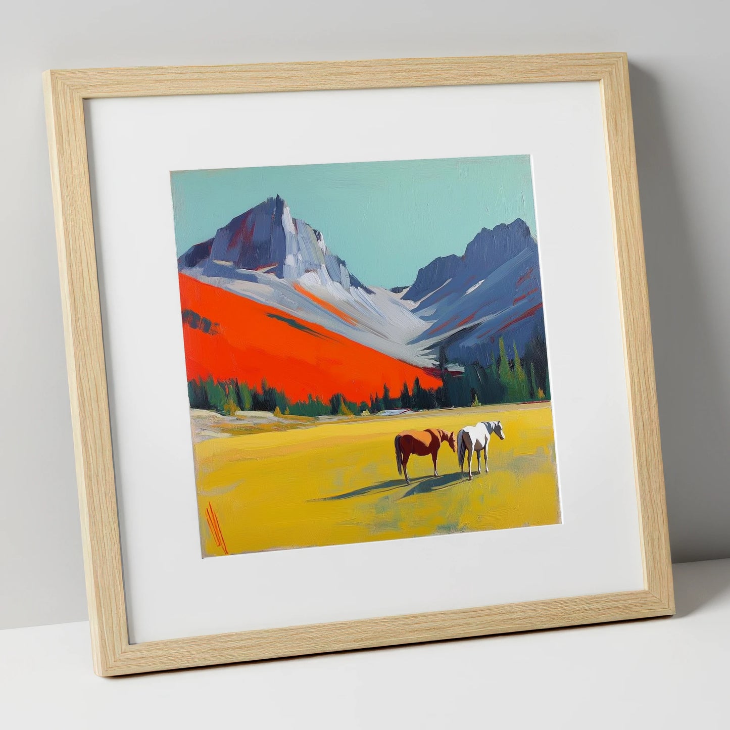 Vivid Mountain Meadow horse landscape art print in natural frame