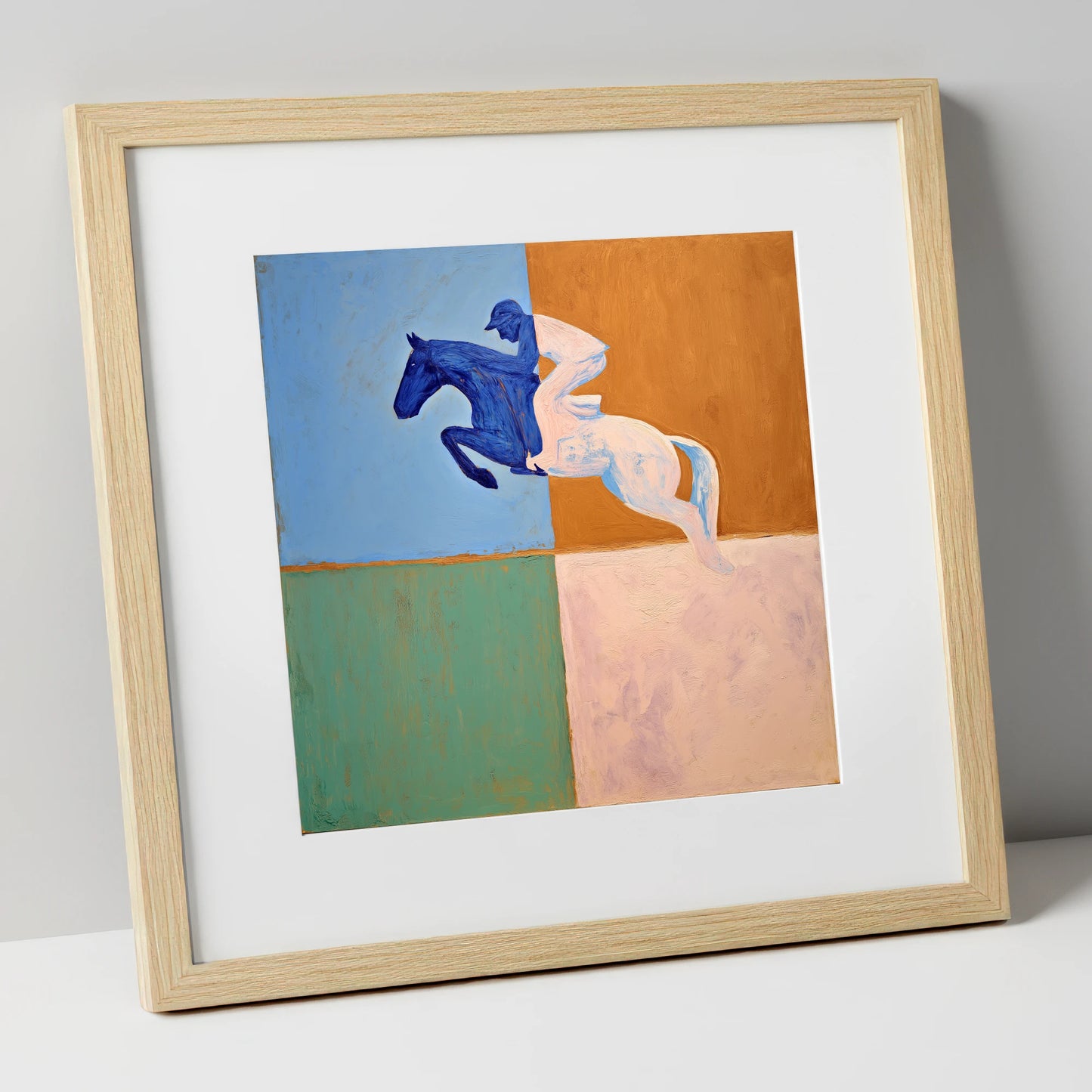 The Abstract Leap show jumping horse art print in natural frame