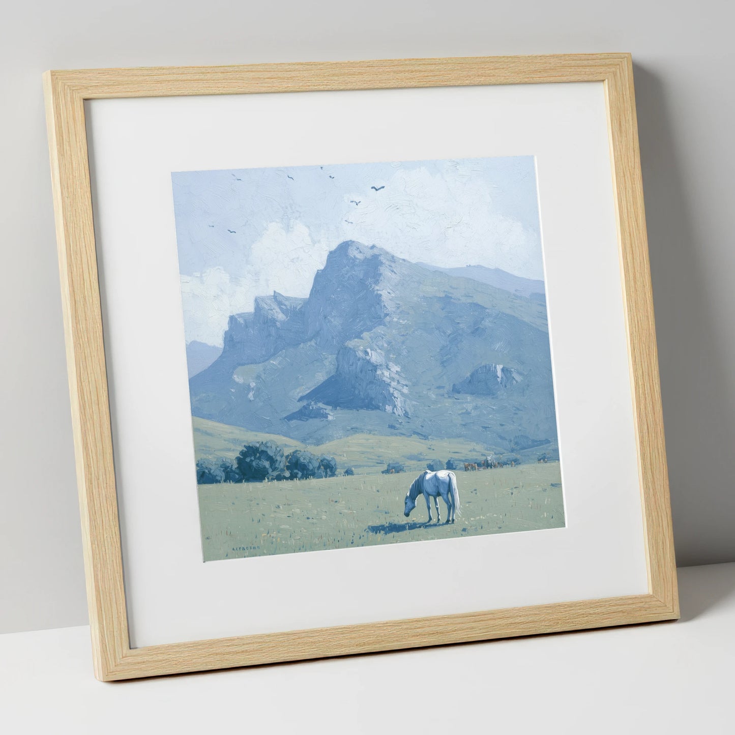 Solitude Beneath the Peak horse landscape art print in natural frame