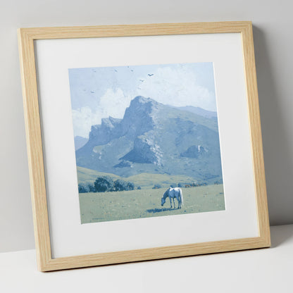Solitude Beneath the Peak horse landscape art print in natural frame