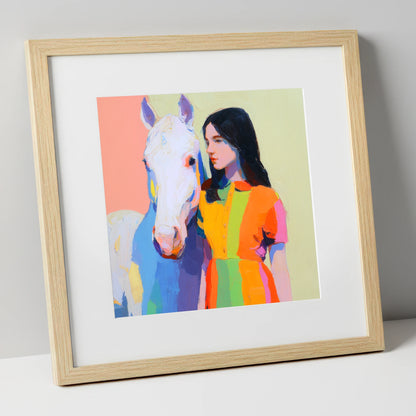 Vibrant Harmony horse & rider art print in natural frame