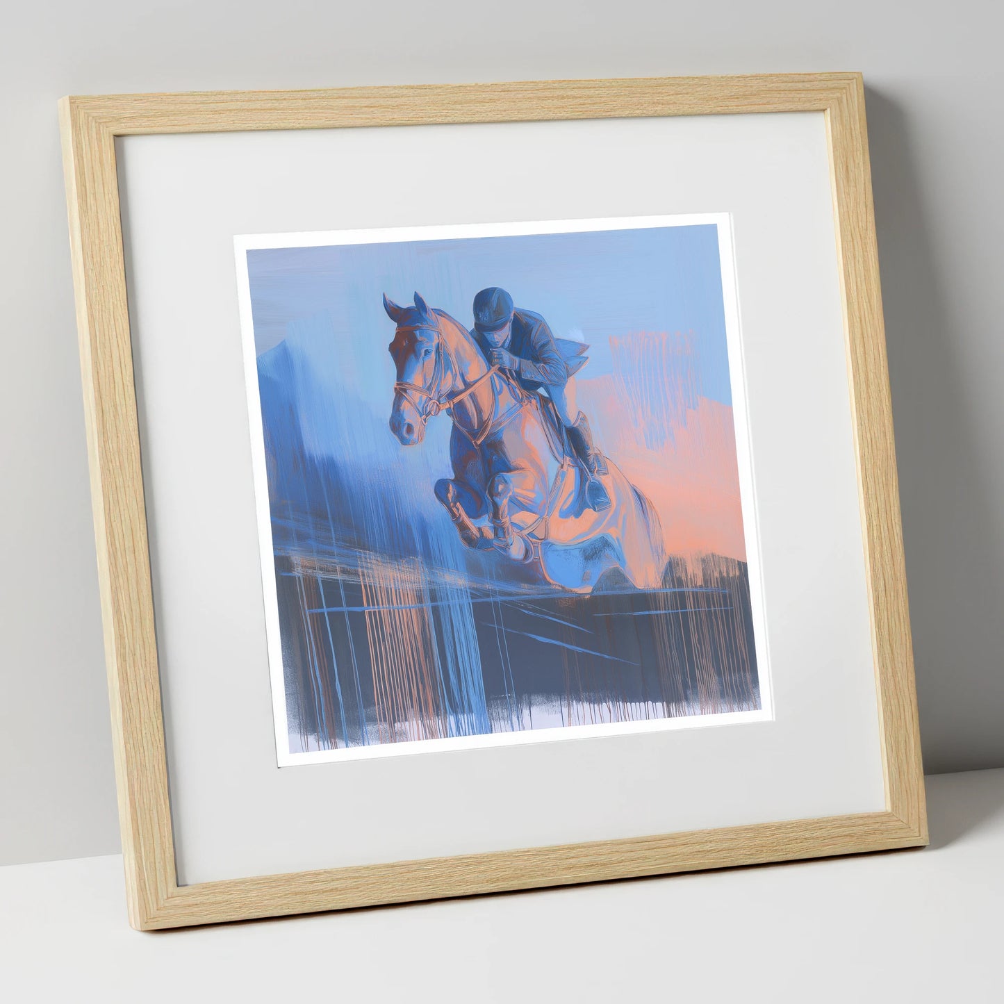 Suspended in Cobalt show jumping horse art print in natural frame