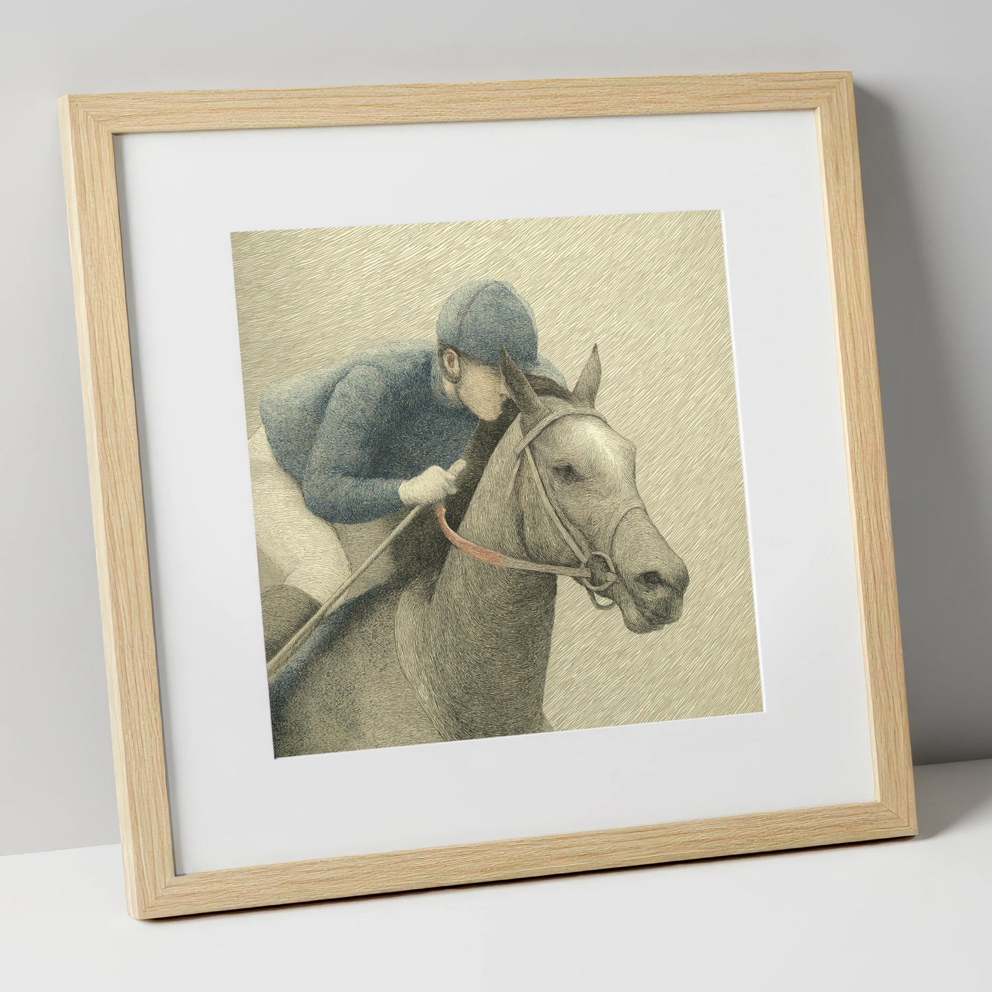Focused Pursuit racing horse art print in natural frame