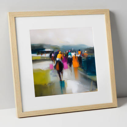 Colours on the Turf racing horse art print in natural frame