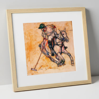 The Decisive Strike polo horse art print in natural frame