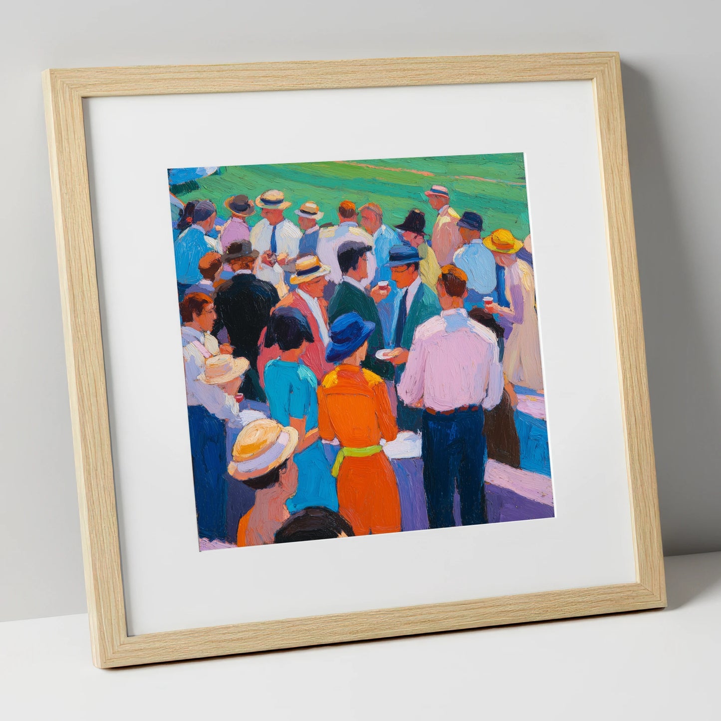 Colours of the Enclosure racing horse art print in natural frame