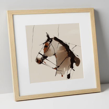Raw Ink Equine Profile horse portrait art print in natural frame