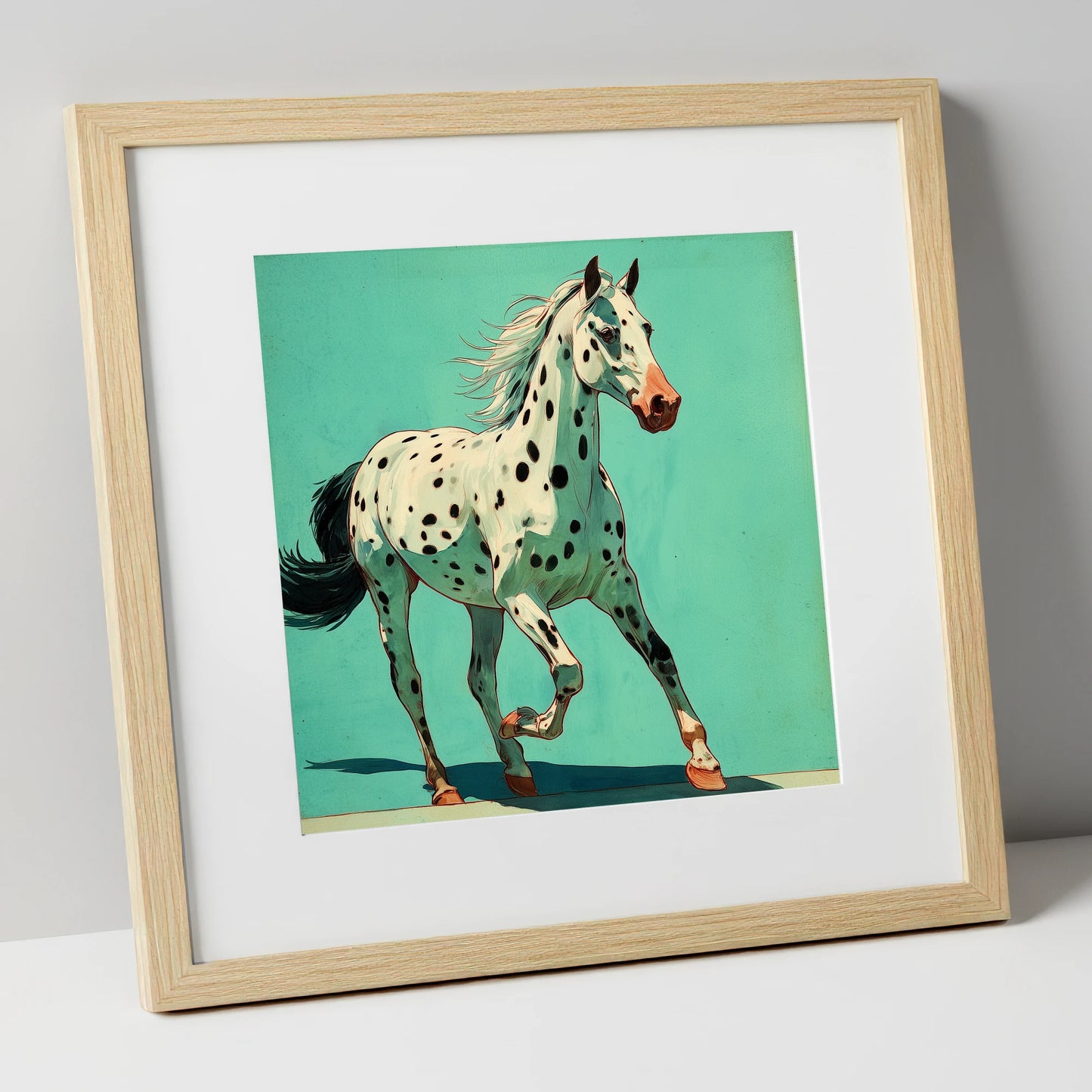 Teal Leopard Appaloosa horse breed art print in natural frame