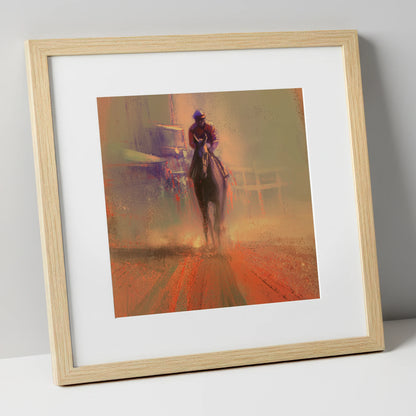 Emerging From The Dust racing horse art print in natural frame
