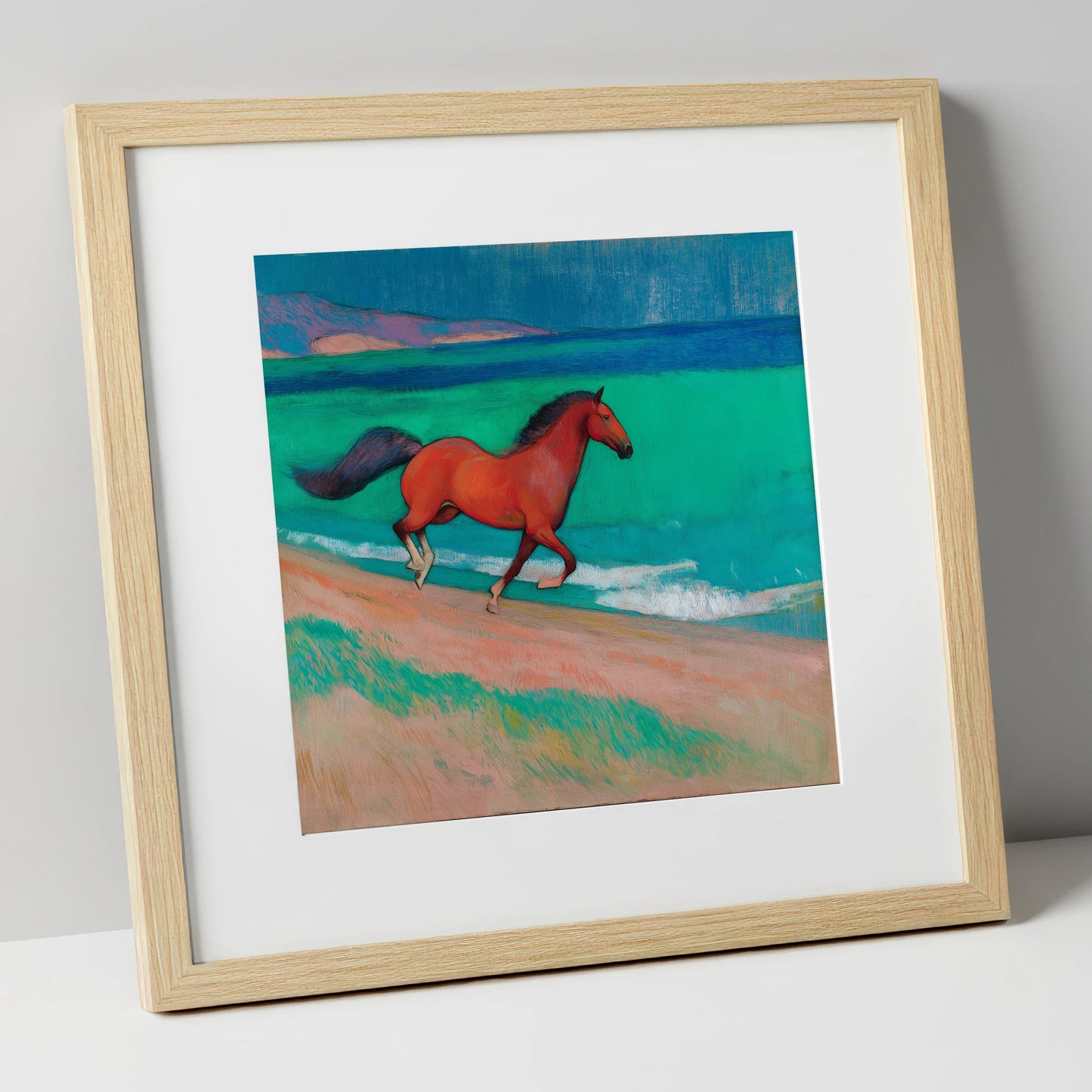 Crimson Coastal Canter horse landscape art print in natural frame