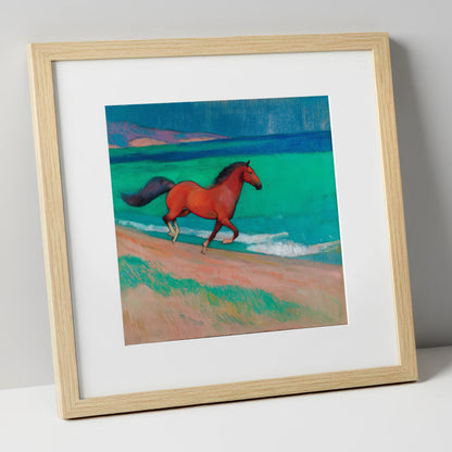 Crimson Coastal Canter horse landscape art print in natural frame