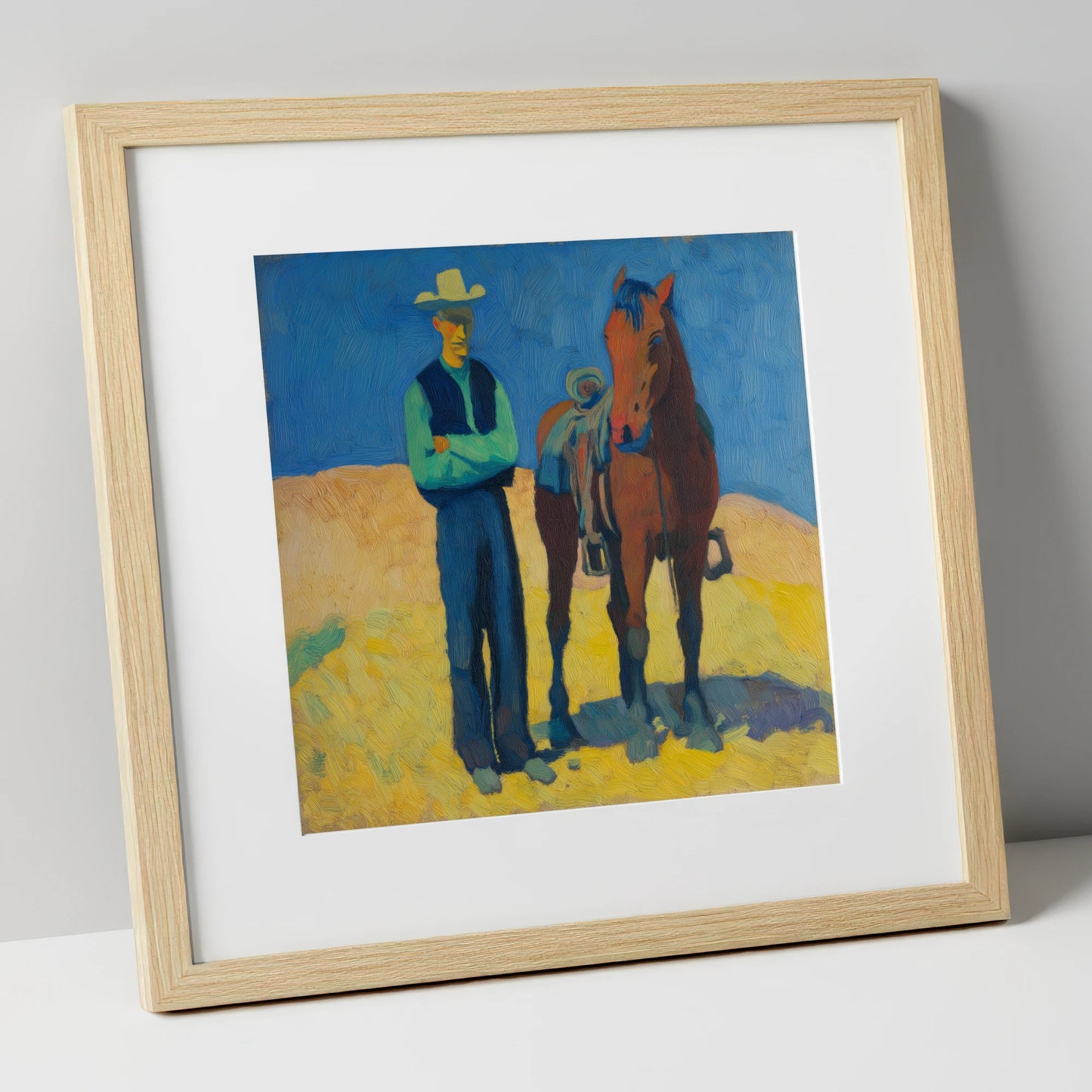 High Noon Shadows western horse art print in natural frame