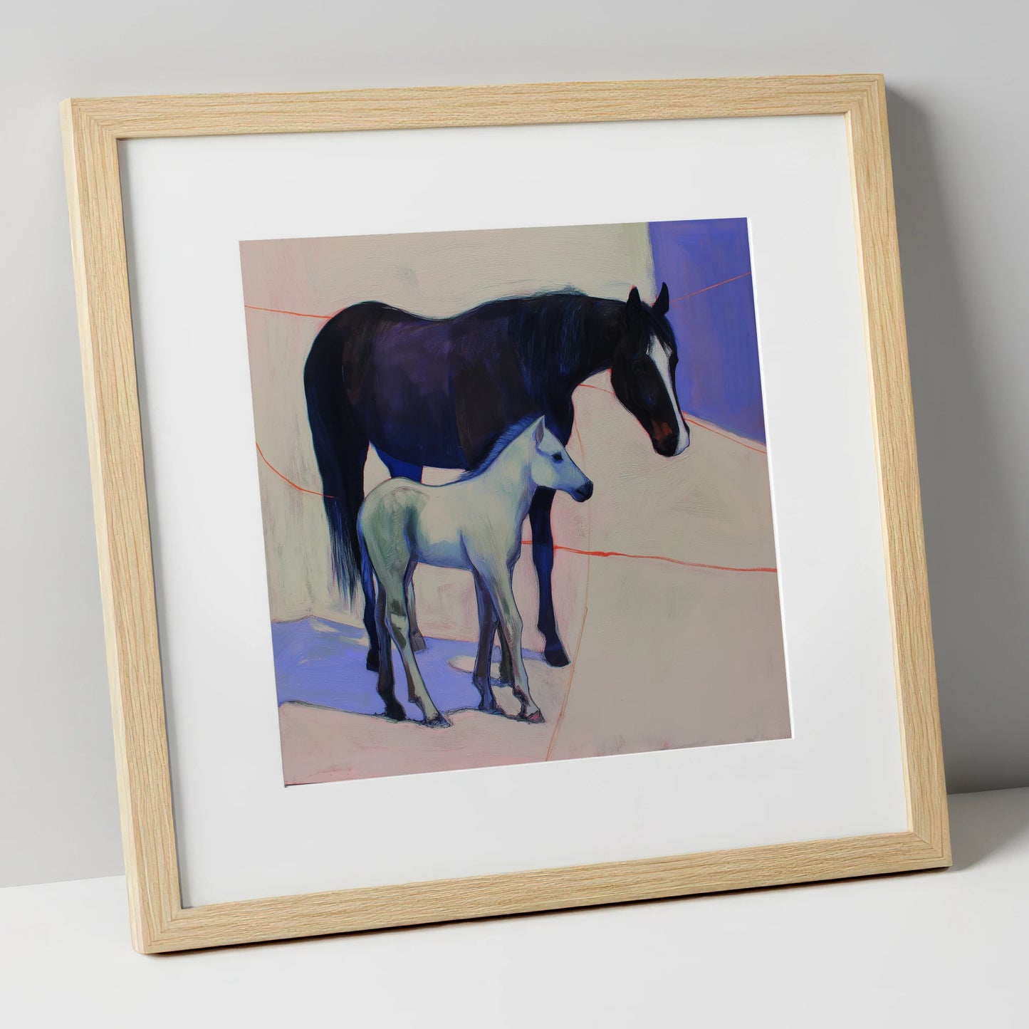 Indigo Shadows mare & foal art print in natural frame