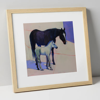 Indigo Shadows mare & foal art print in natural frame