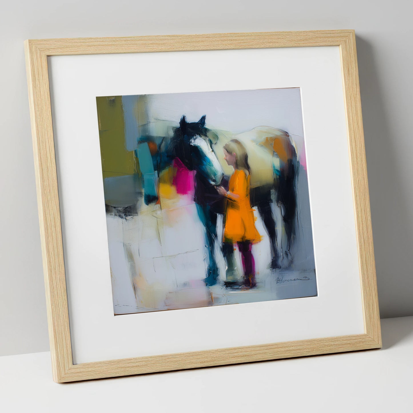 Vibrant Connection horse & rider art print in natural frame