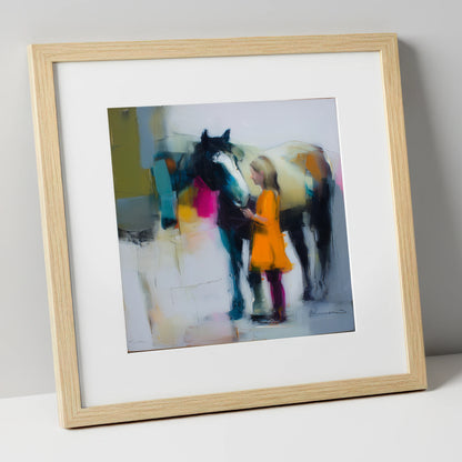 Vibrant Connection horse & rider art print in natural frame