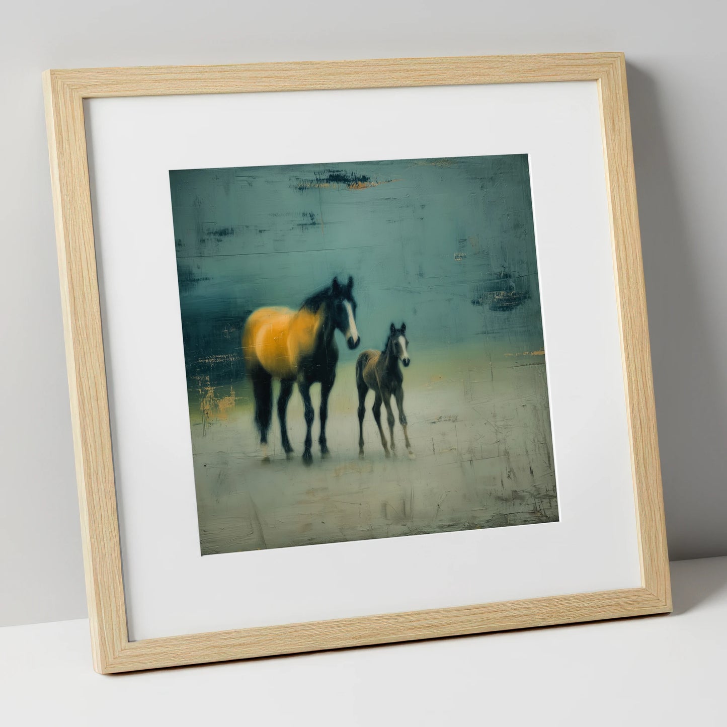 Ochre Light and Shadow mare & foal art print in natural frame