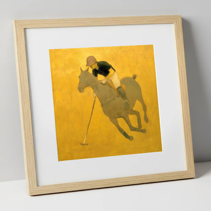 Golden Chukka polo horse art print in natural frame