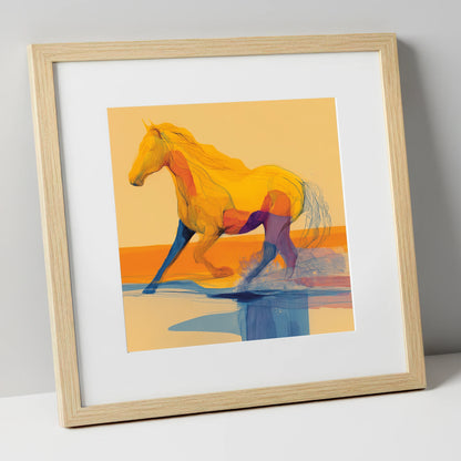 Vibrant Coastal Canter beach horse art print in natural frame