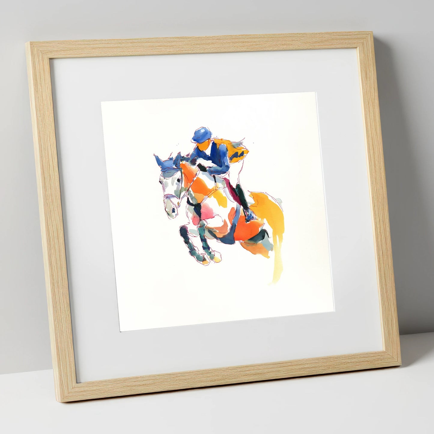 Dynamic Flight show jumping horse art print in natural frame