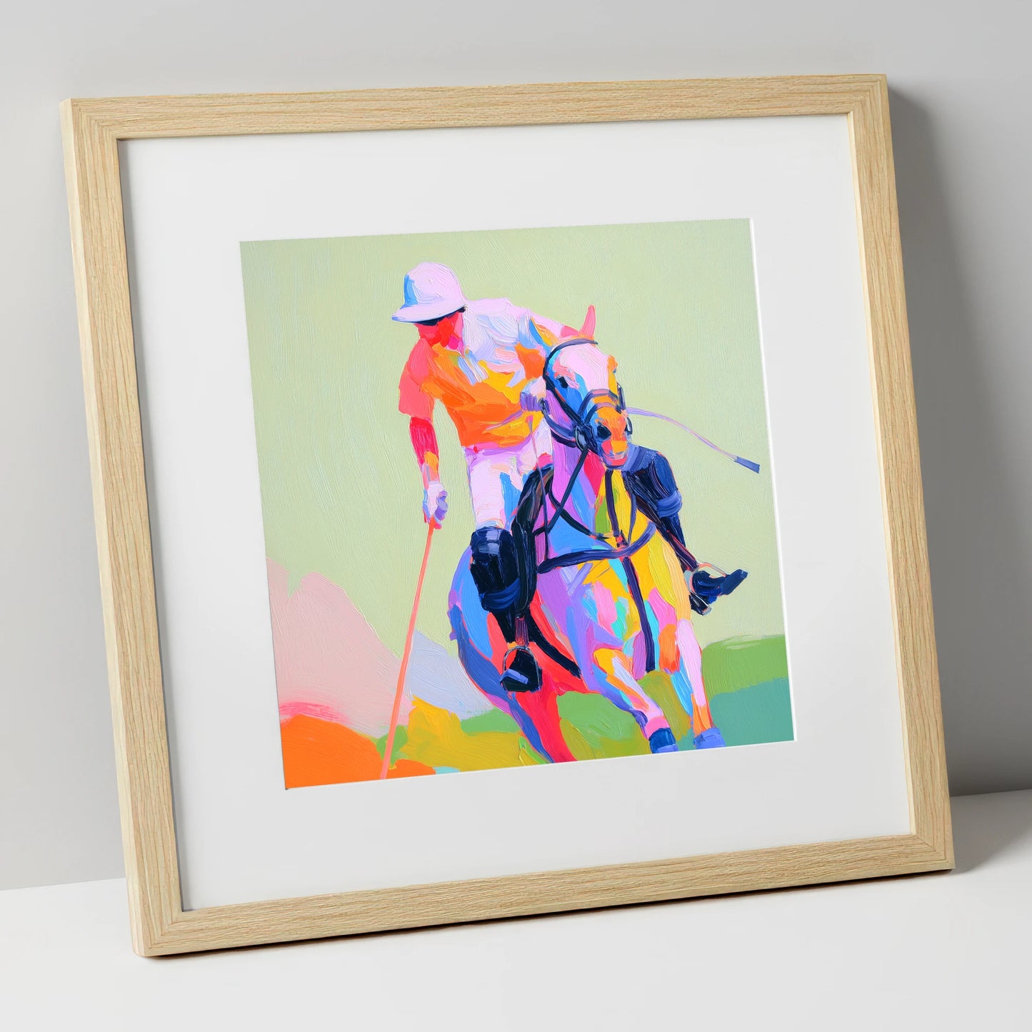 Technicolour Drive polo horse art print in natural frame