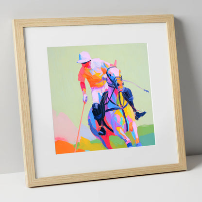 Technicolour Drive polo horse art print in natural frame