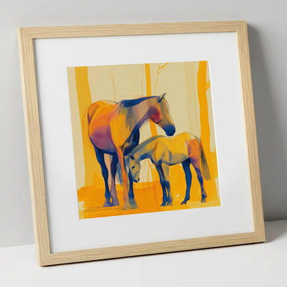 Saffron Mare and Foal horse landscape art print in natural frame
