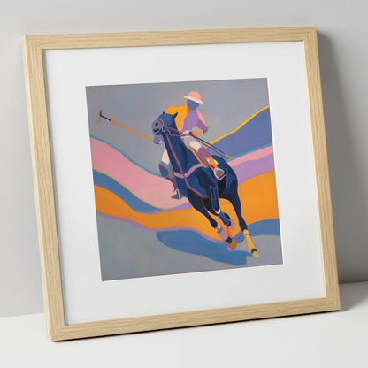 Dynamic Polo Pursuit polo horse art print in natural frame