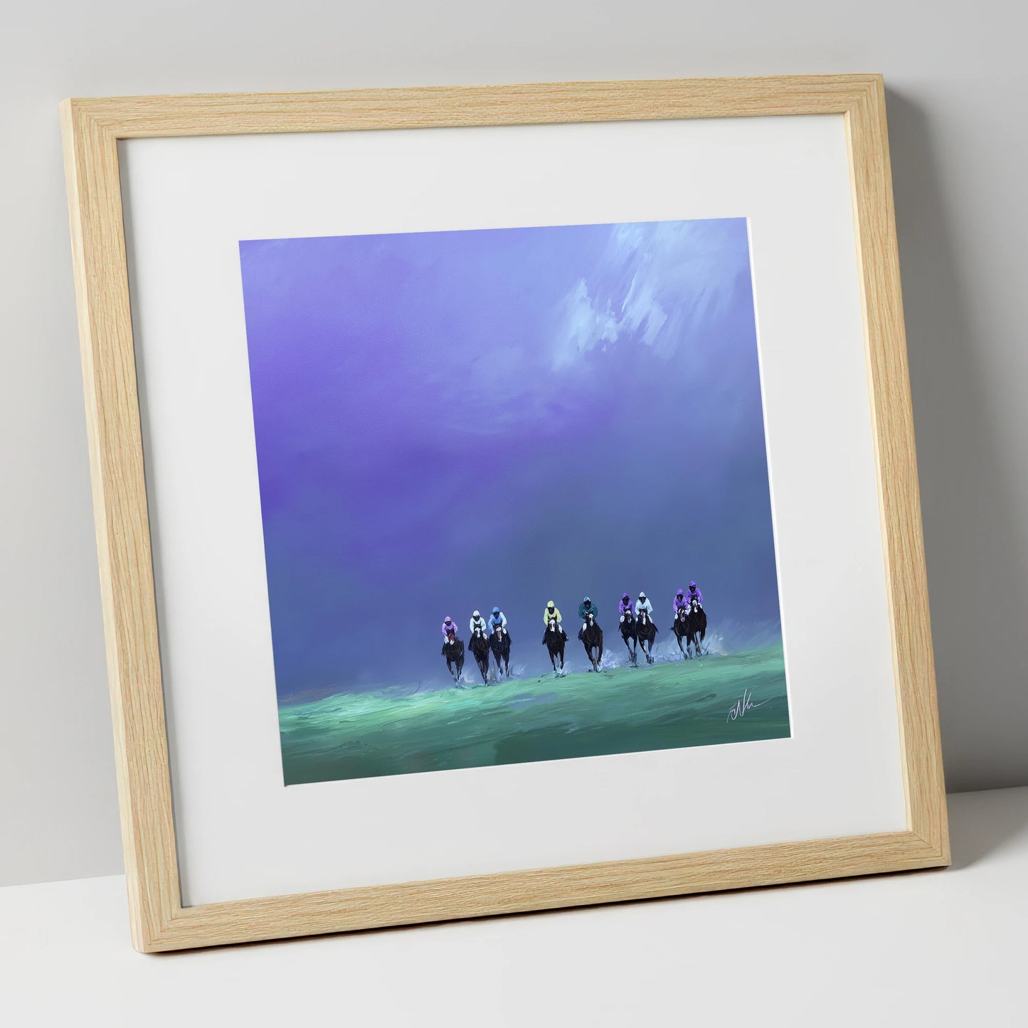 Charge Under Violet Skies racing horse art print in natural frame