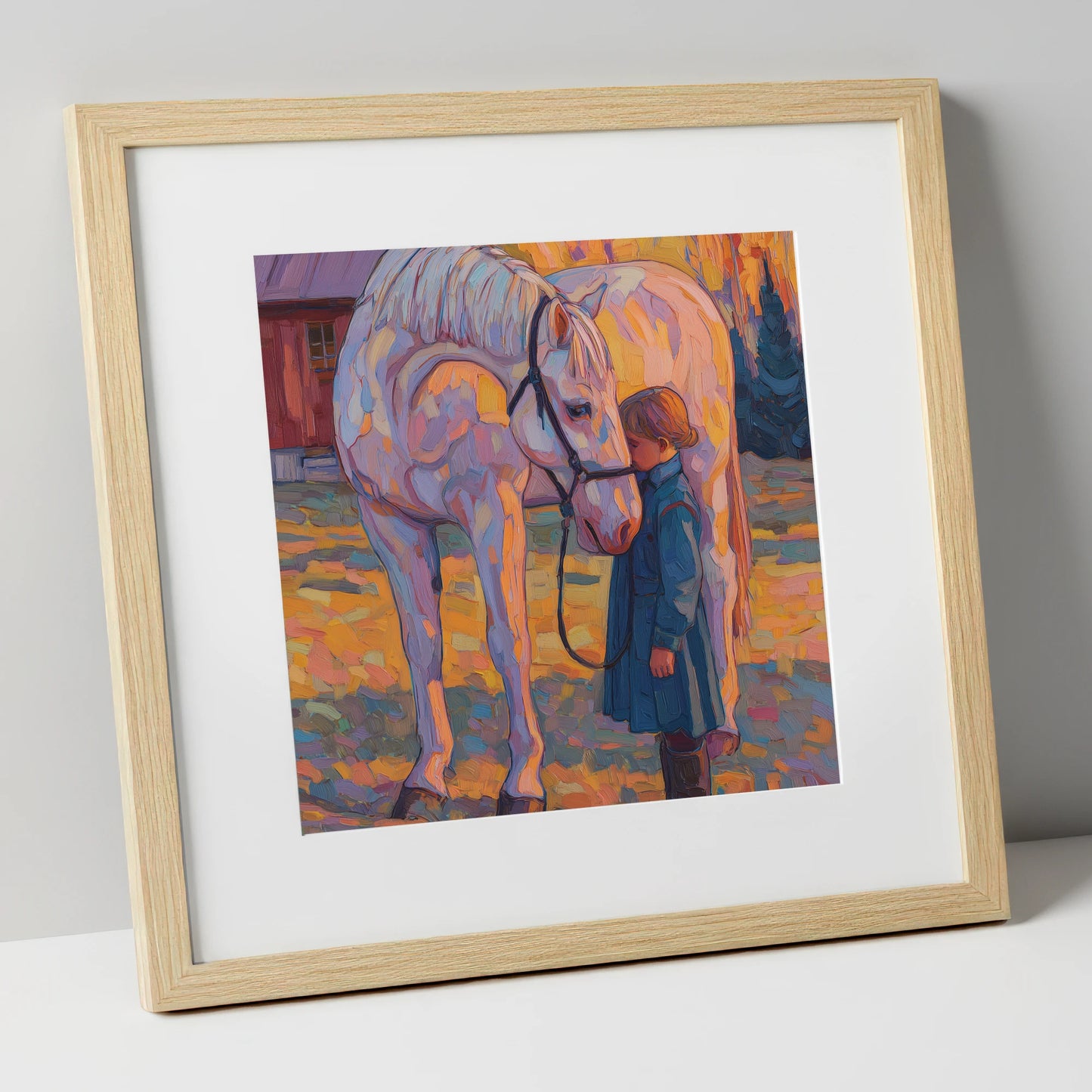 A Quiet Connection horse & rider art print in natural frame