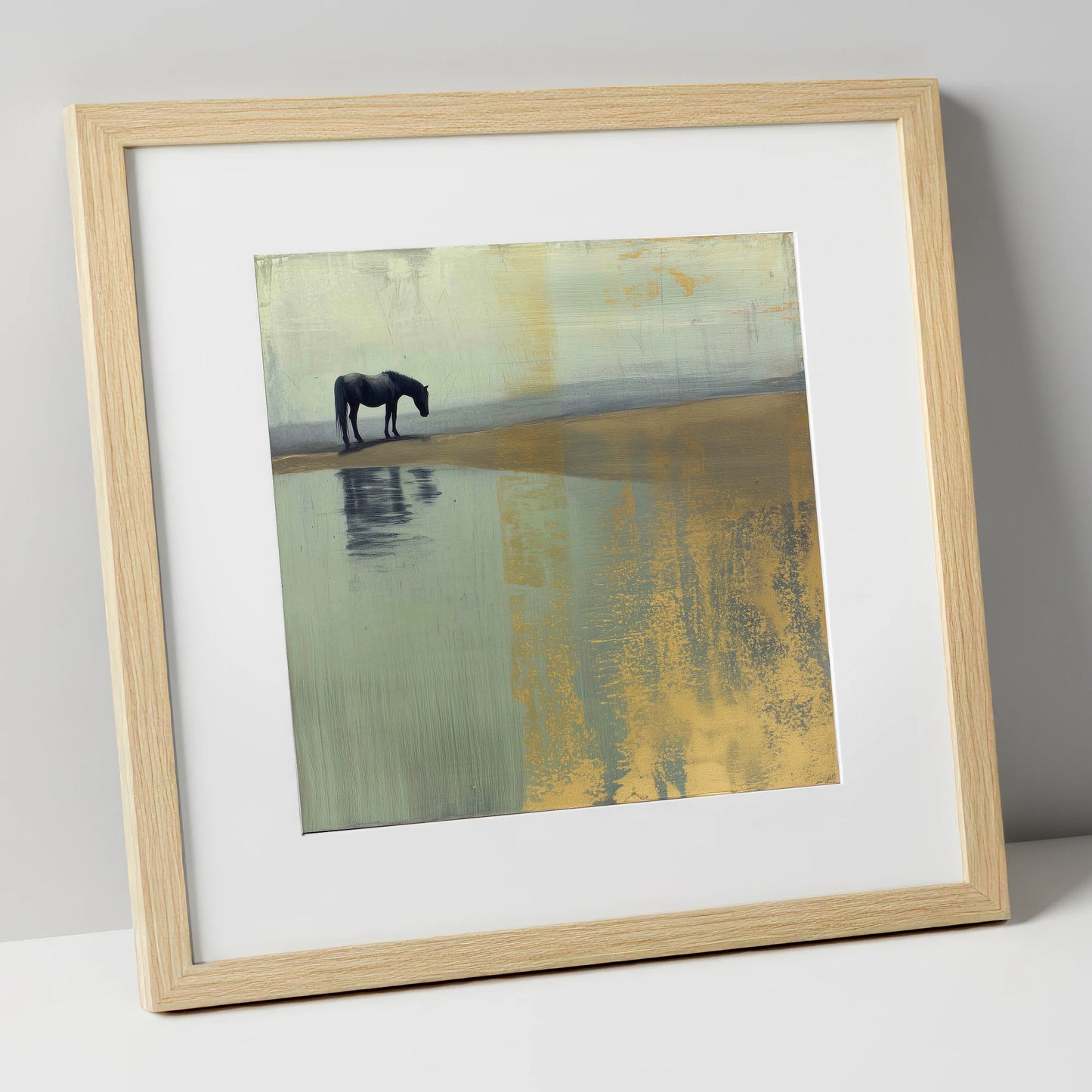 Gilded Solitude horse landscape art print in natural frame