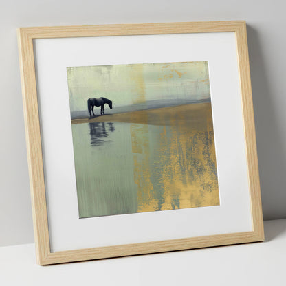 Gilded Solitude horse landscape art print in natural frame
