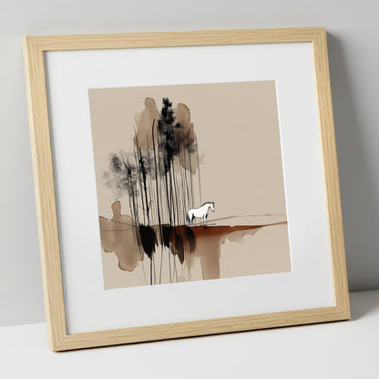 Sepia Solitude horse landscape art print in natural frame