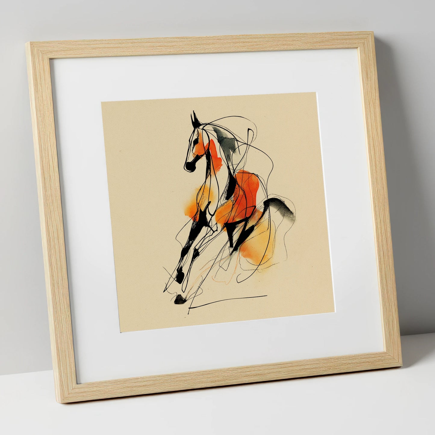 Fluid Amber Spirit horse breed art print in natural frame