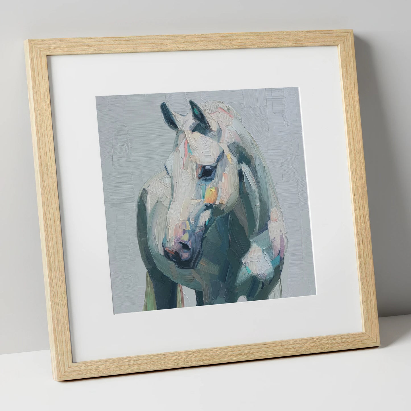 Serene Grey Portrait horse breed art print in natural frame