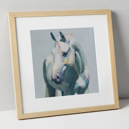 Serene Grey Portrait horse breed art print in natural frame